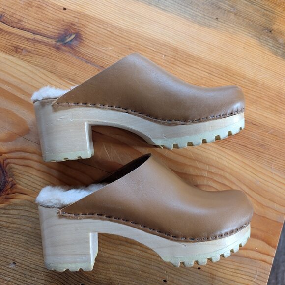 Butterscotch No 6 Leather Wood Block Mid Heel Shearling Lined Slip On Liza Clogs - Picture 2 of 14